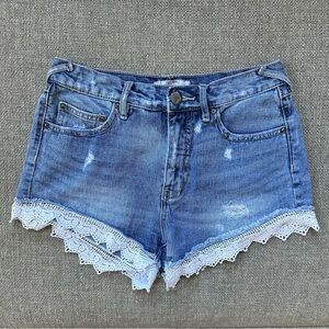 Free People Denim Shorts with White Crotchet Accent, Mid Rise, Size 25